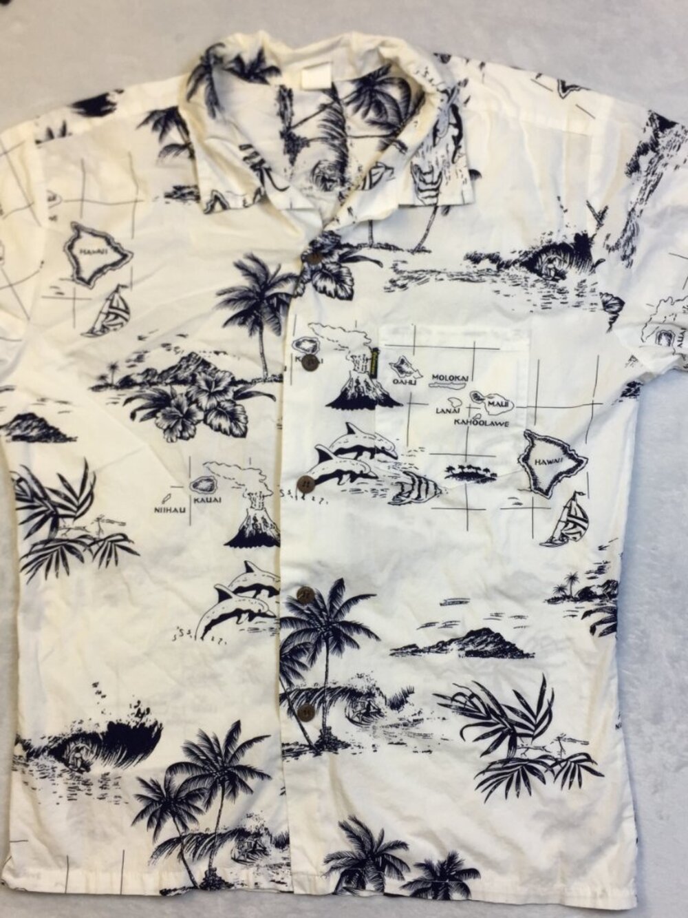 Palmwave Hawaii Hawaiian Shirt Mens Sz L White Navy Tropical Island Print Cotton